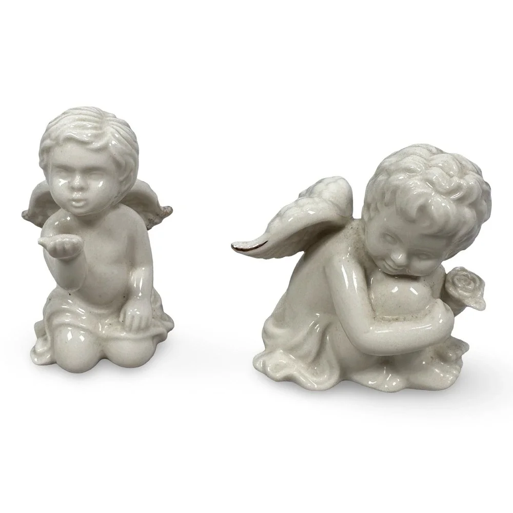 Lenox Ivory Porcelain Cherub Angel Figurines Gold Trim Set 2 Blowing Kiss Heart